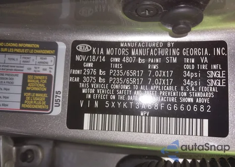 2015 Kia Sorento Lx z USA, uszkodzony, nr VIN 5XYKT3A68FG660682